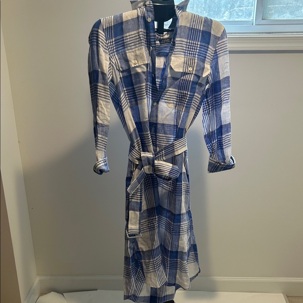 Polo Ralph Lauren Blue and White Checkered Long Sleeve linen shirt Dress 6